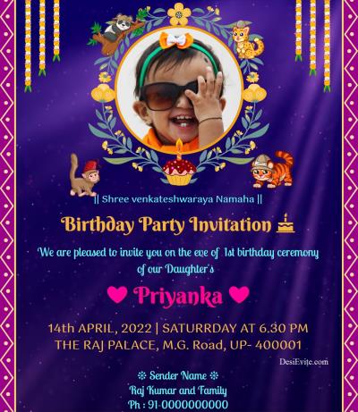 First birthday invitation ecard animal and flower theme