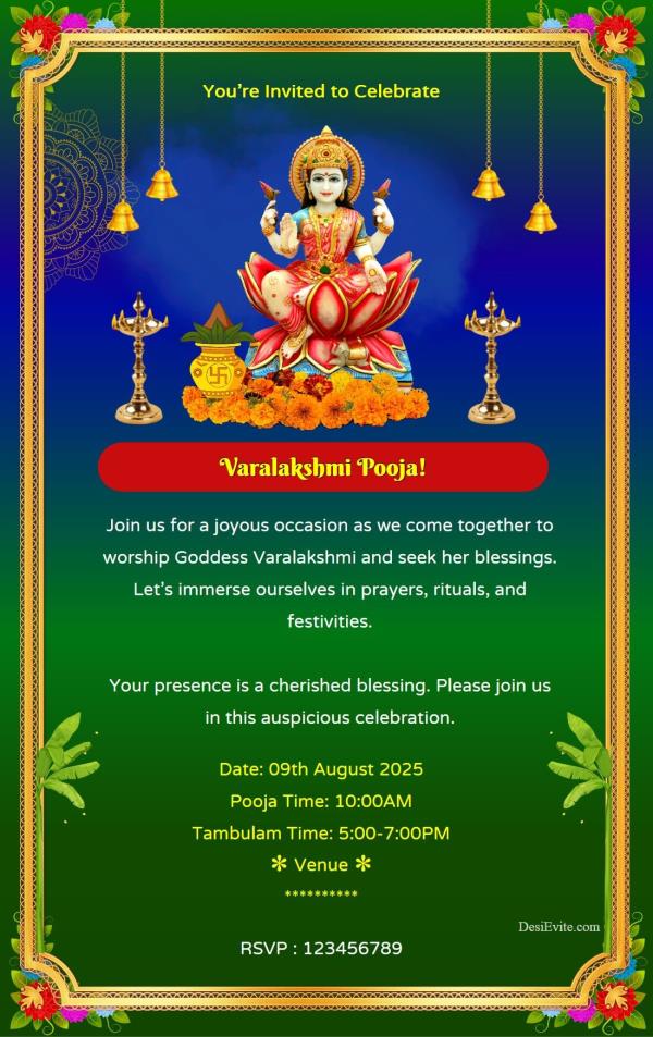 Traditional varalakshmi vratam invitation ecard golden border