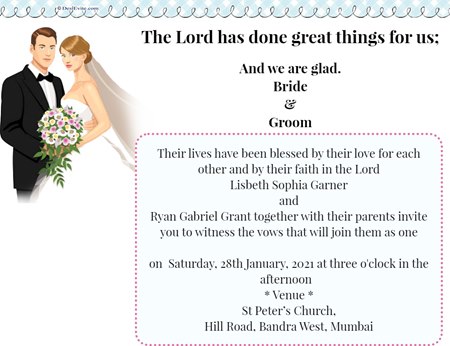 Christian wedding invitation ecard  couple with flower bouquet theme